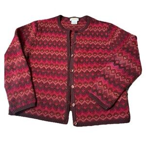 Talbots Petites M Wool Blend Cardigan Red Brown Fair Isle Button Sweate